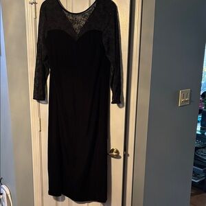 Robbie Bee Elegant Black Velvet with Lace Long Sleeves & Bodice Evening Dress